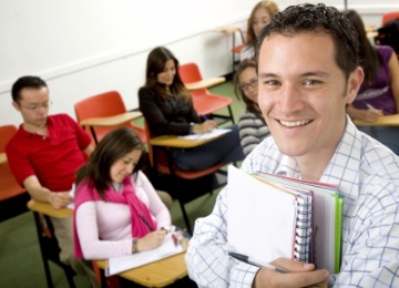 casual student or teacher in a classroom full of students